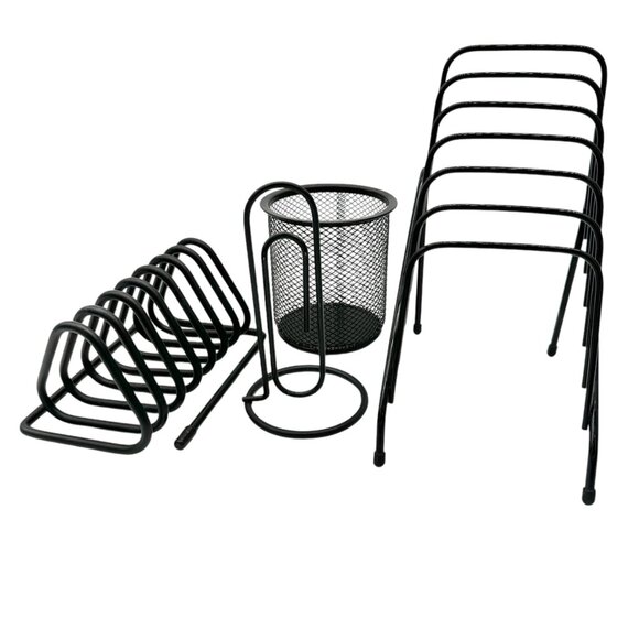 Office Supplies Organizer 4pc Set Black Metal Pen Cup Paper File Organizers - Picture 2 of 6